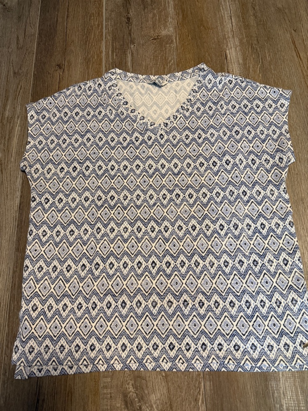 Orvis Blue and White Diamond-Print V-Neck Top